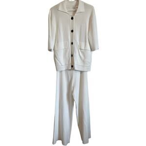 ALPHA Studio cream wide leg pants set short sleeve collared top button Size 8